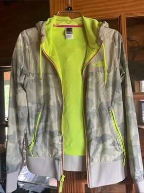 The North Face Women’s Gray Camo Bomber Jacket with Neon Yellow Lining